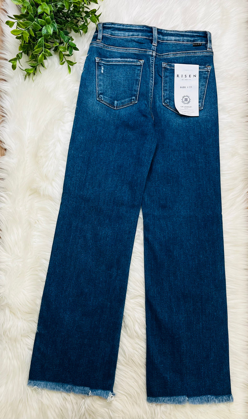 Risen Dark Wash Mid Rise Fray Hem Jeans