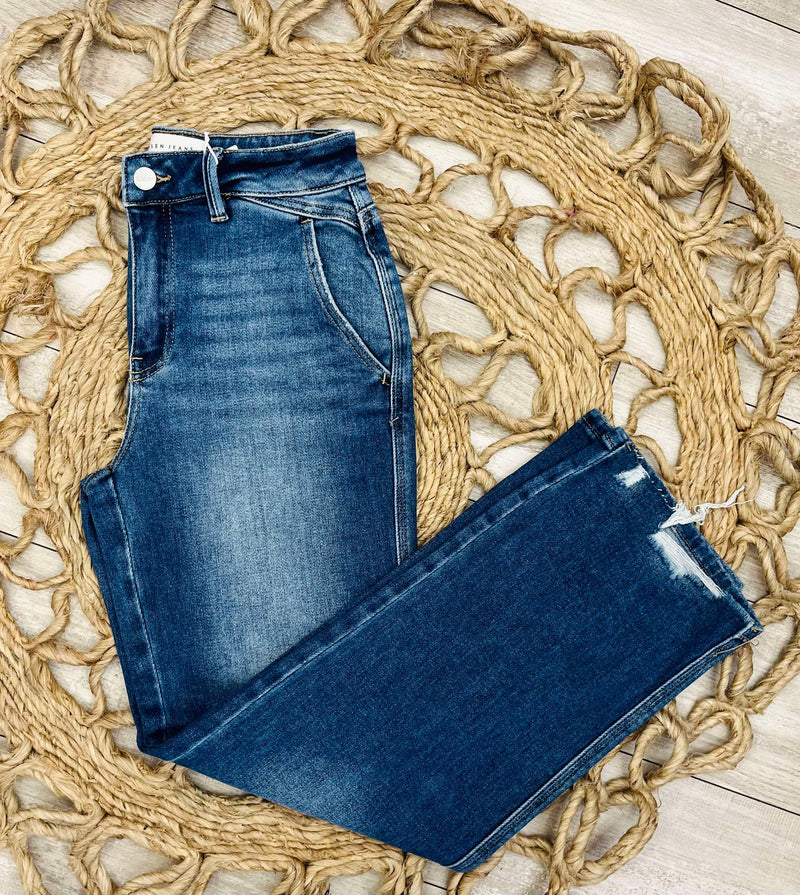 Risen High Rise Straight Distressed Hem Detail Jeans Style 1464