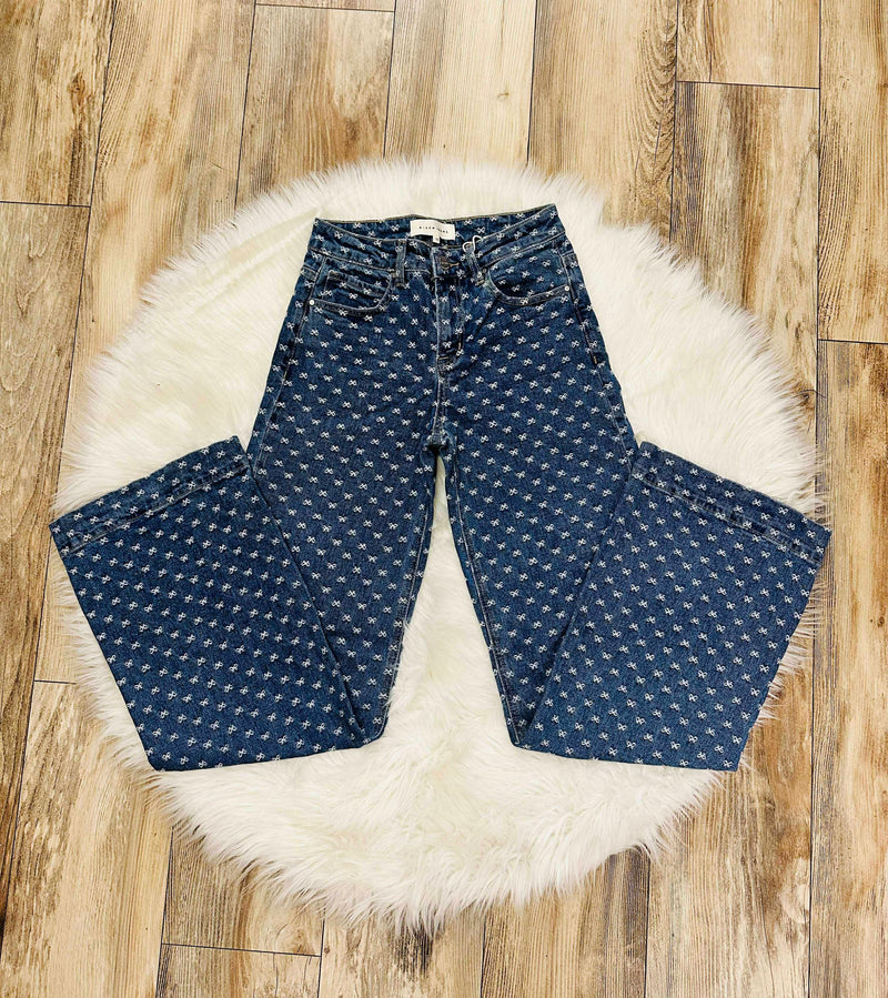 Risen High Rise Wide Leg Bow Embroidered Jeans Style 1362