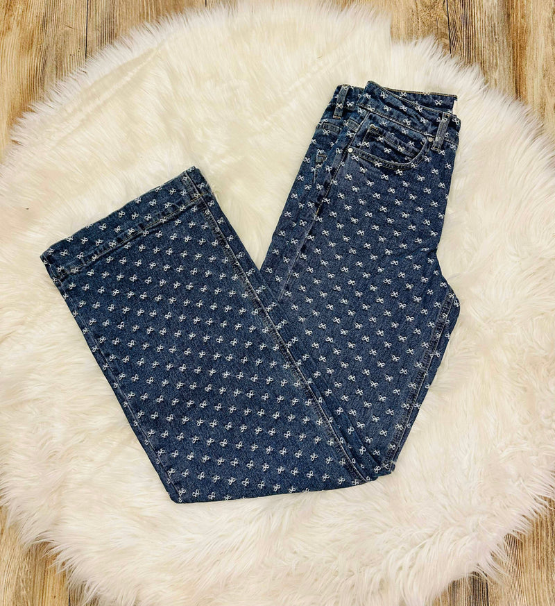 Risen High Rise Wide Leg Bow Embroidered Jeans Style 1362