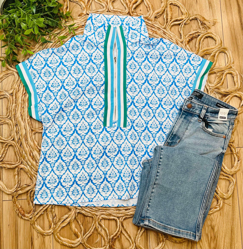 Royal Blue Split Neck Blouse Top