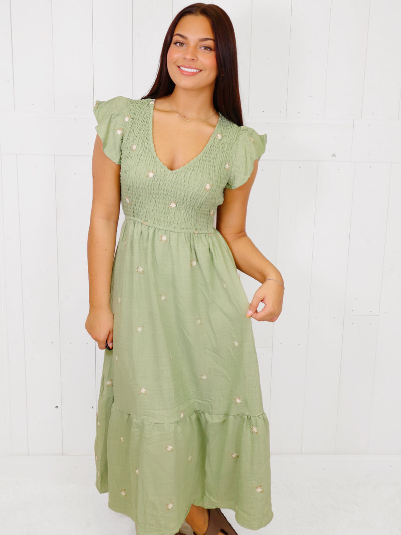 Sage Flower embroidered Midi Dress