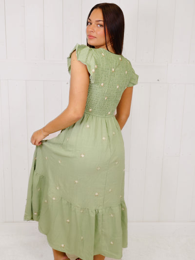 Sage Flower embroidered Midi Dress