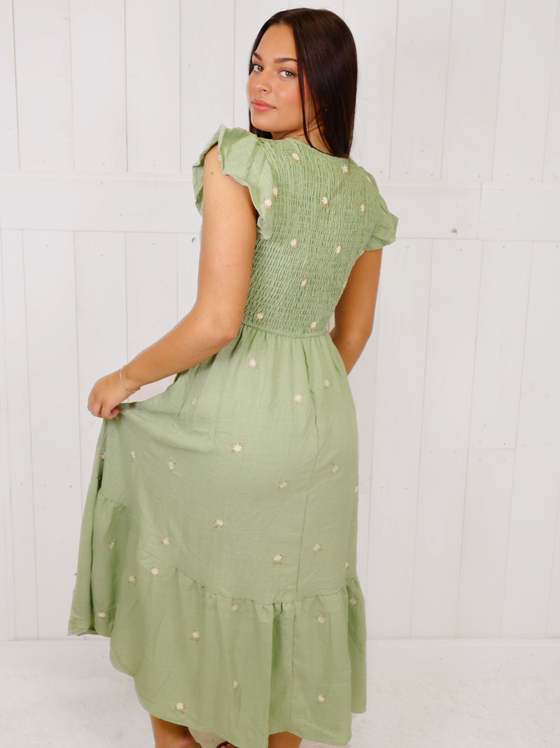 Sage Flower embroidered Midi Dress