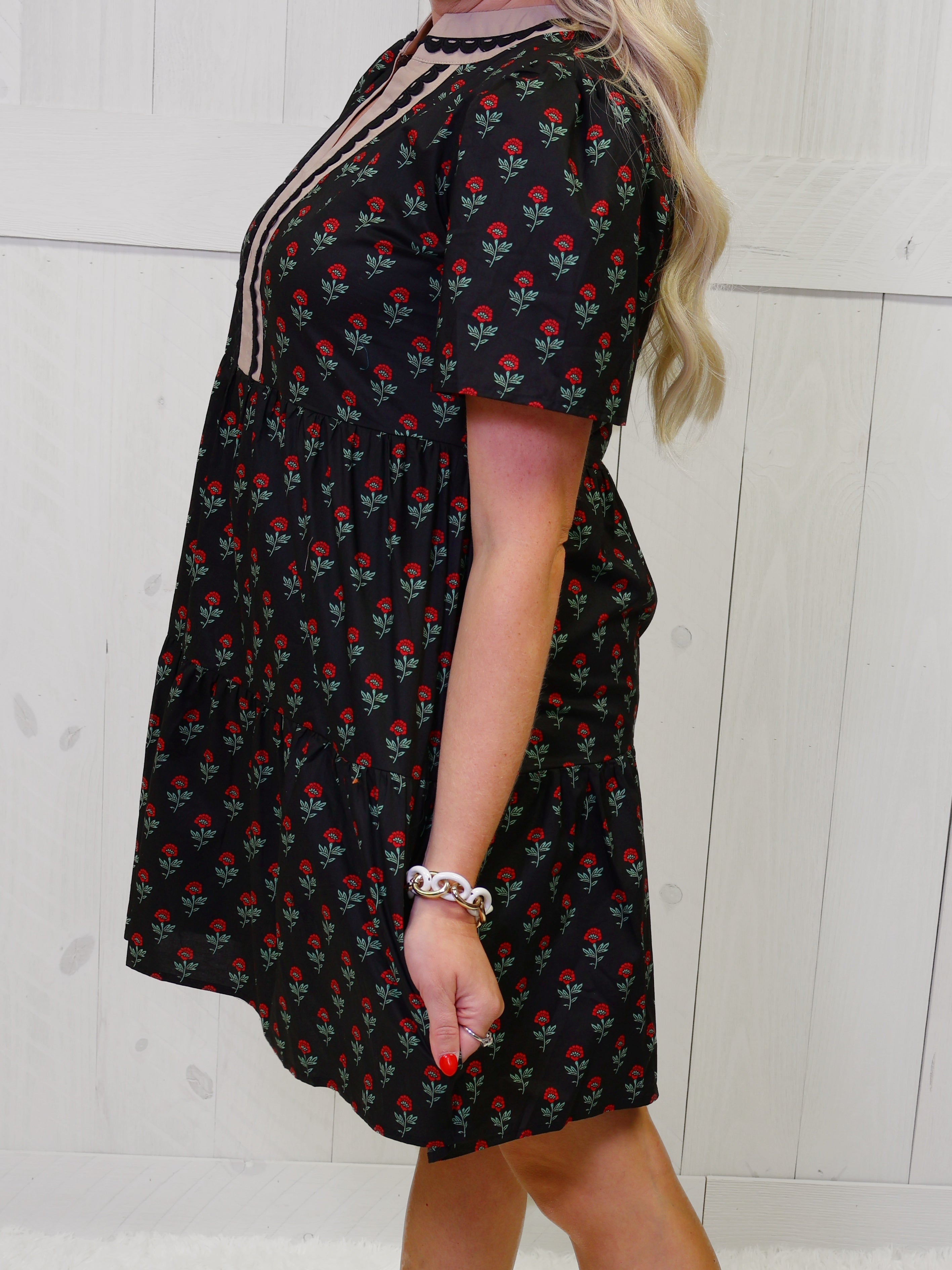 She & Sky Black Rose Print Split Neck Dress FW Women's