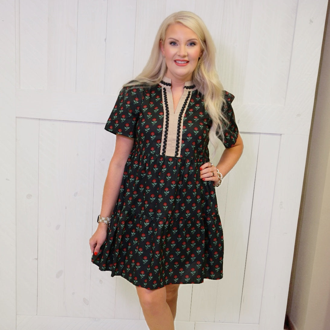 She & Sky Black Rose Print Split Neck Dress FW Women's