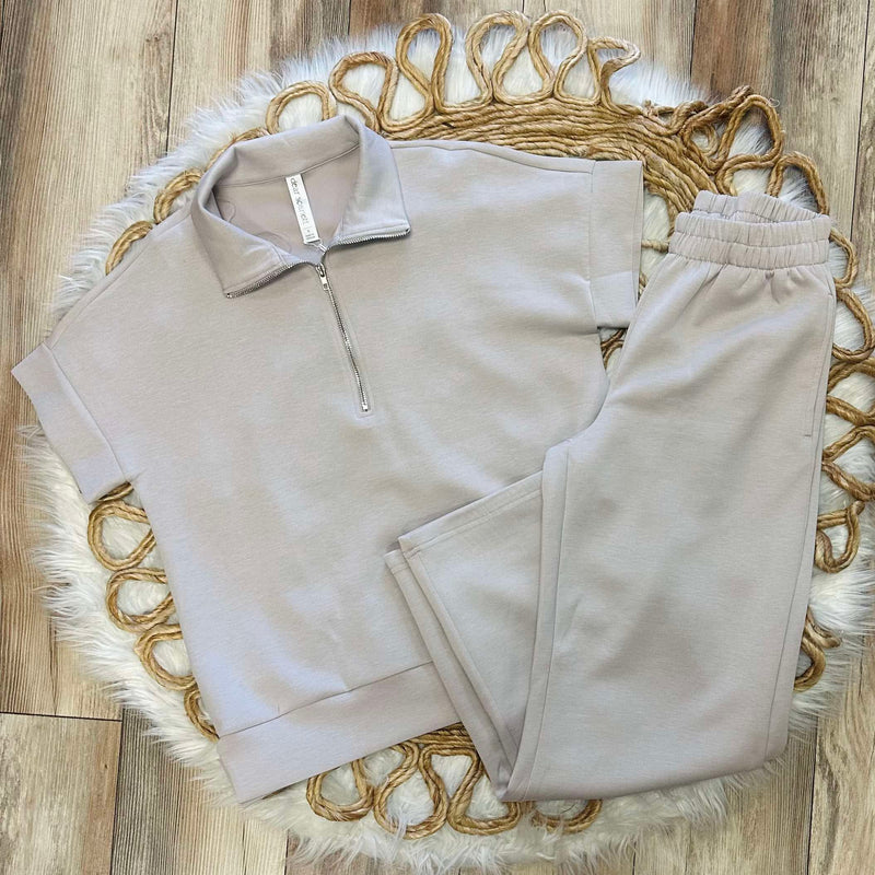 Short Sleeve Light Taupe Quarter Zip Pant Set
