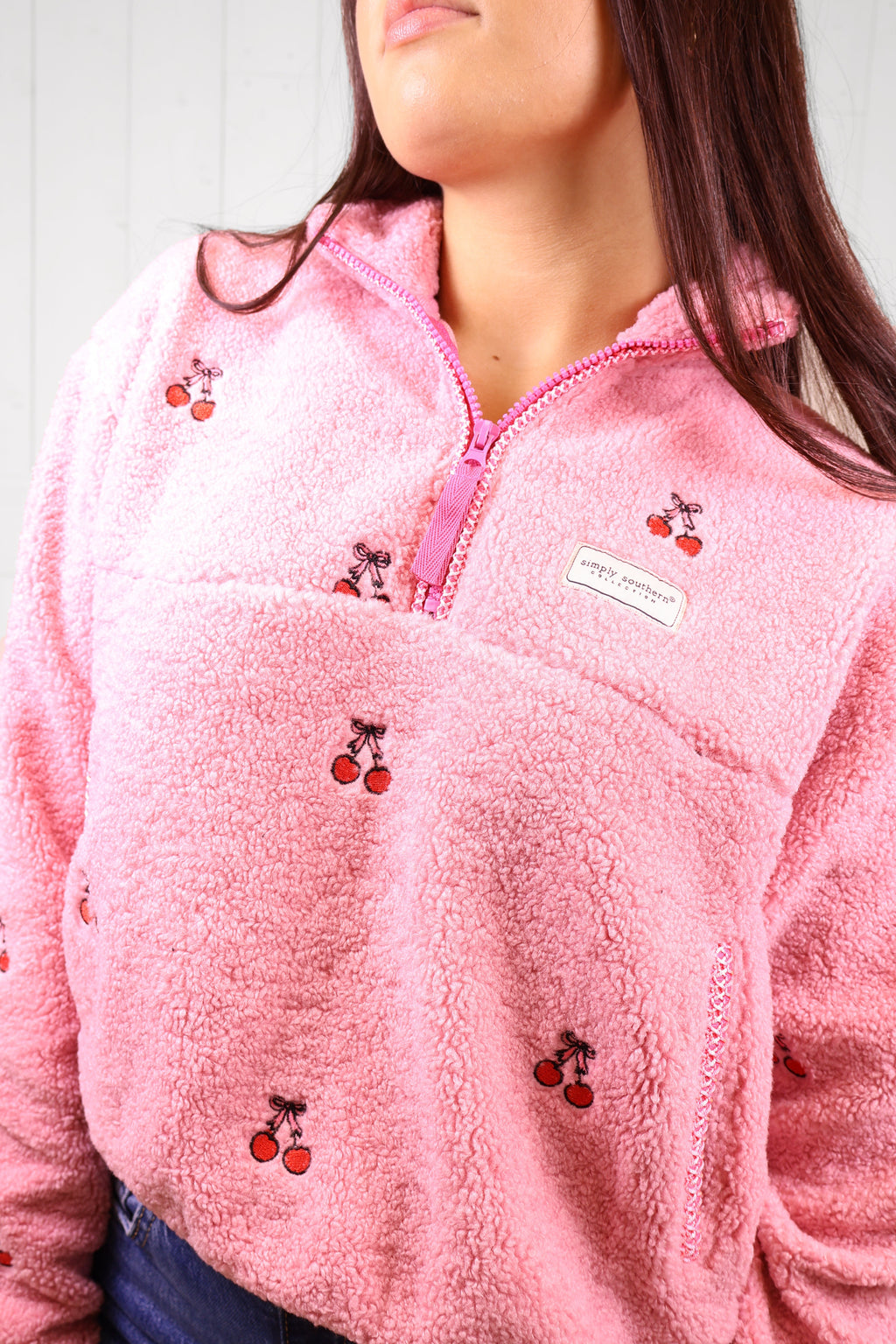 Simply Southern Cherry Print 1/2 Zip Pullover - Sweater Women’s