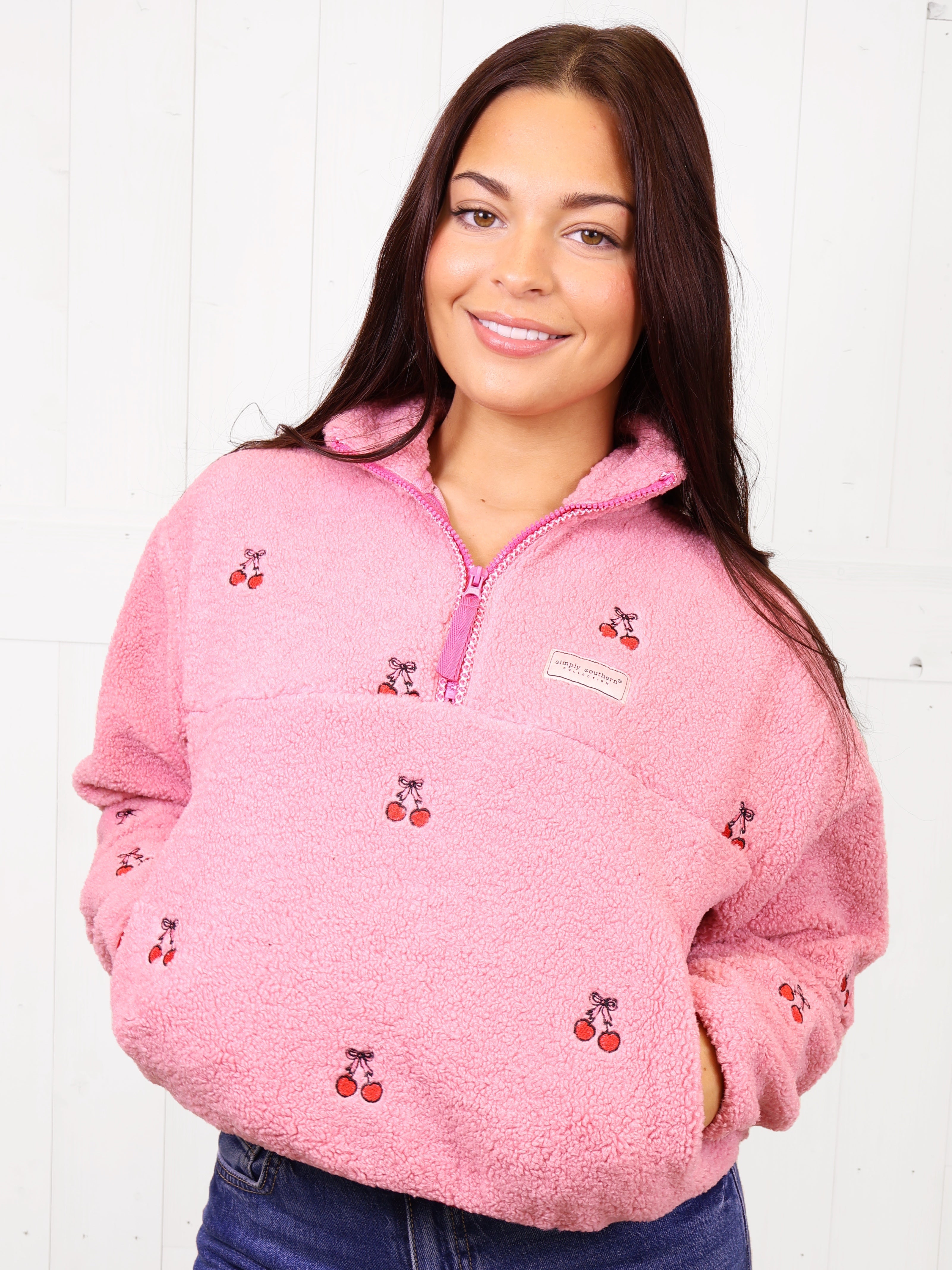Simply Southern Cherry Print 1/2 Zip Pullover - Sweater Women’s