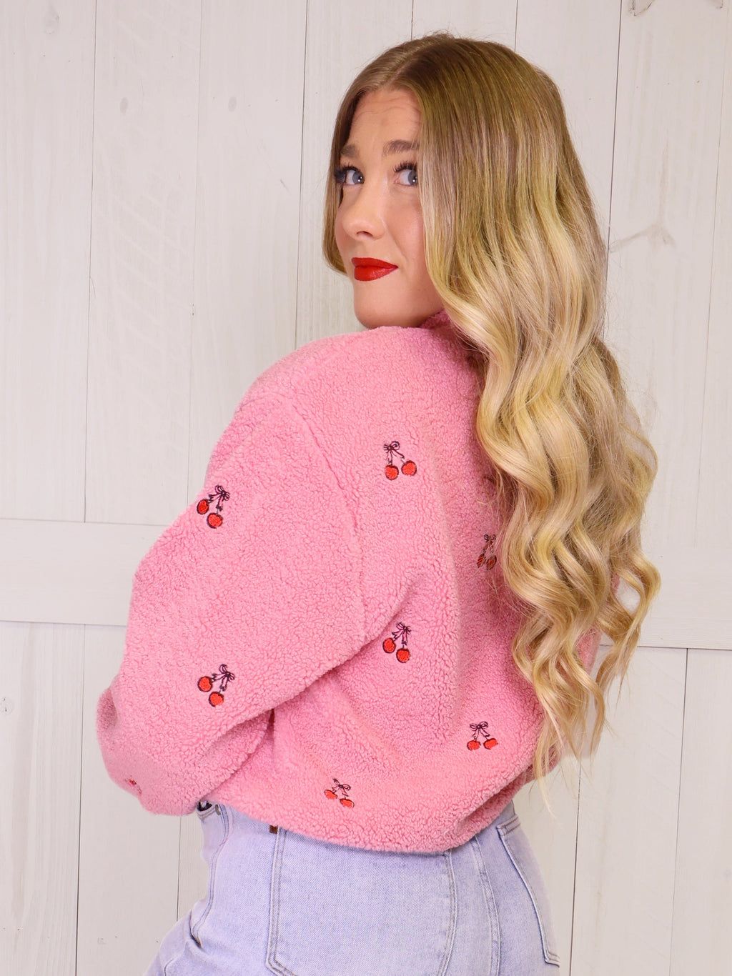 Simply Southern Cherry Print 1/2 Zip Pullover - Sweater Women’s
