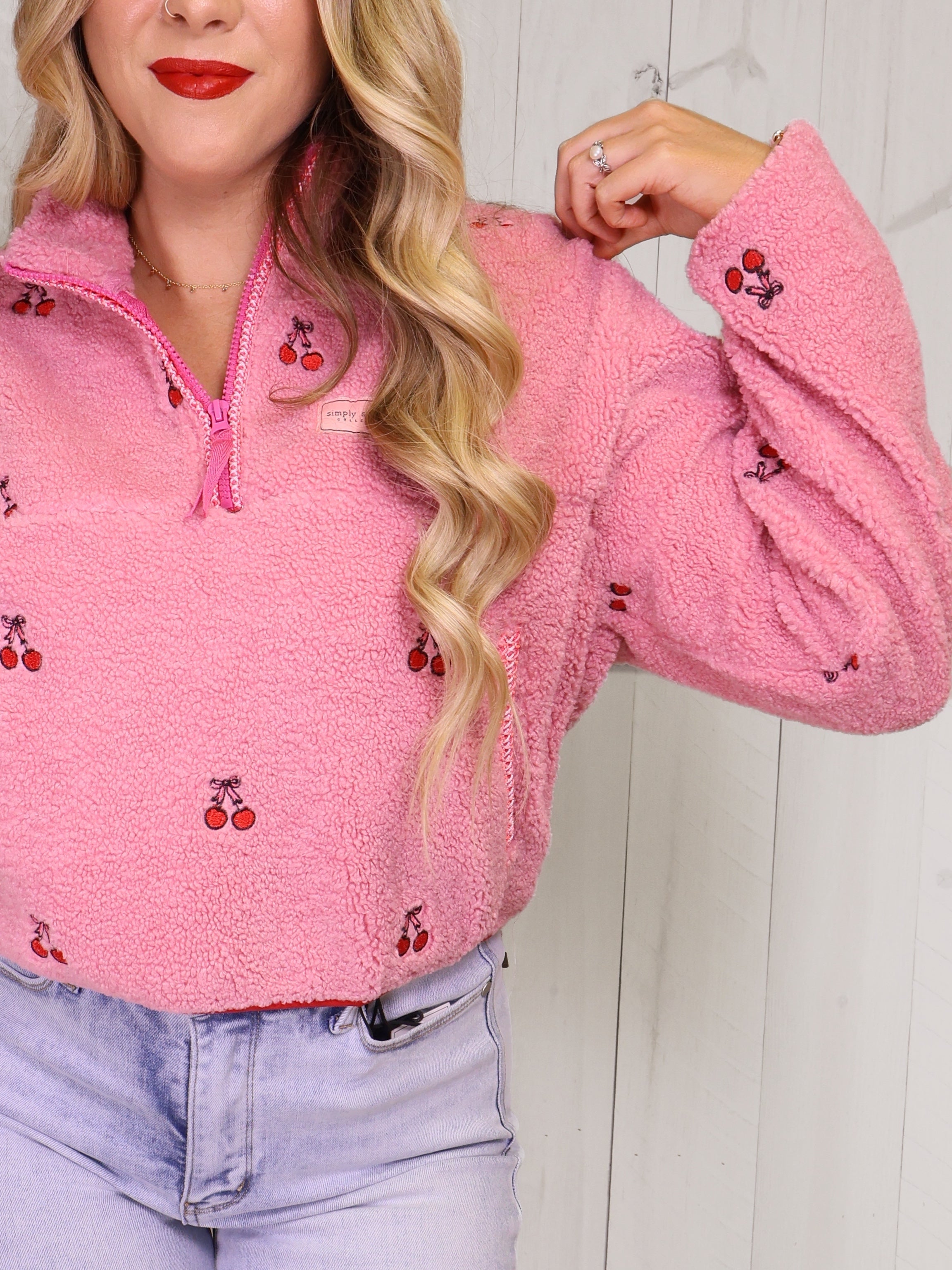 Simply Southern Cherry Print 1/2 Zip Pullover - Sweater Women’s