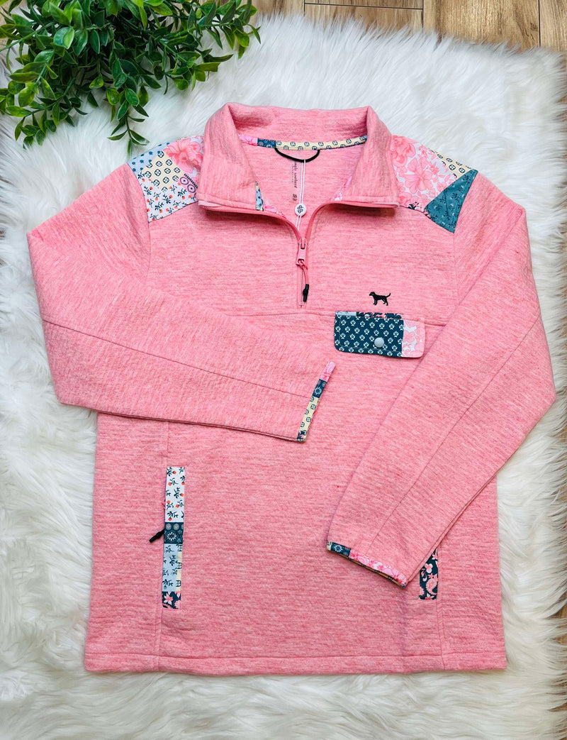 Simply Southern Coral Patchwork Quarter Zip Pullover Sweater Top