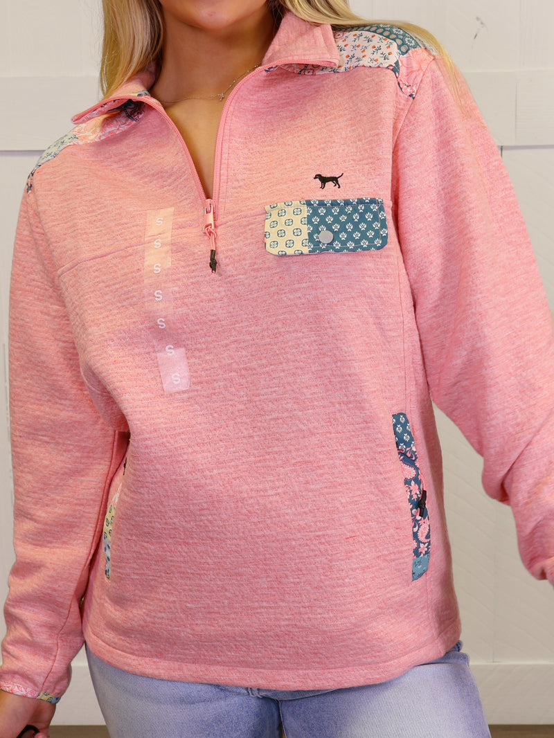 Simply Southern Coral Patchwork Quarter Zip Pullover Sweater Top