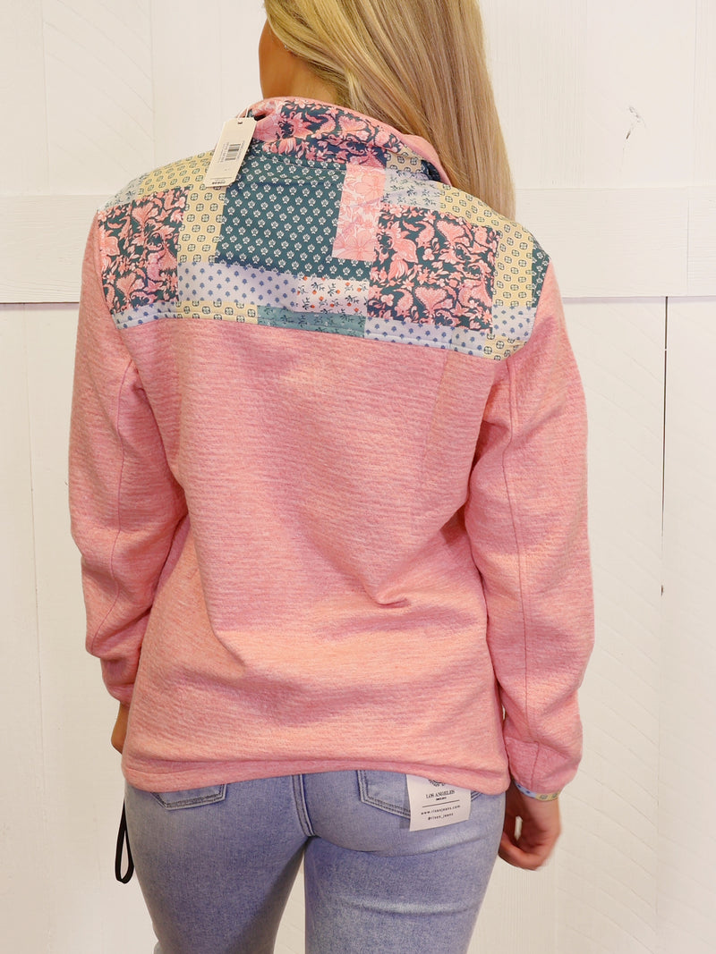 Simply Southern Coral Patchwork Quarter Zip Pullover Sweater Top