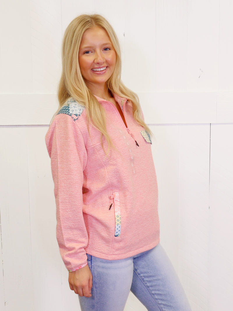 Simply Southern Coral Patchwork Quarter Zip Pullover Sweater Top