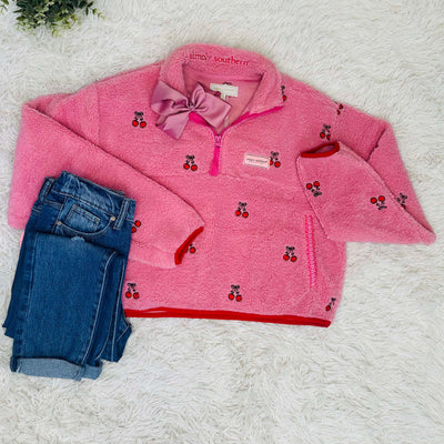 Simply Southern Girls Cherry Print Soft 1/2 Zip Pullover