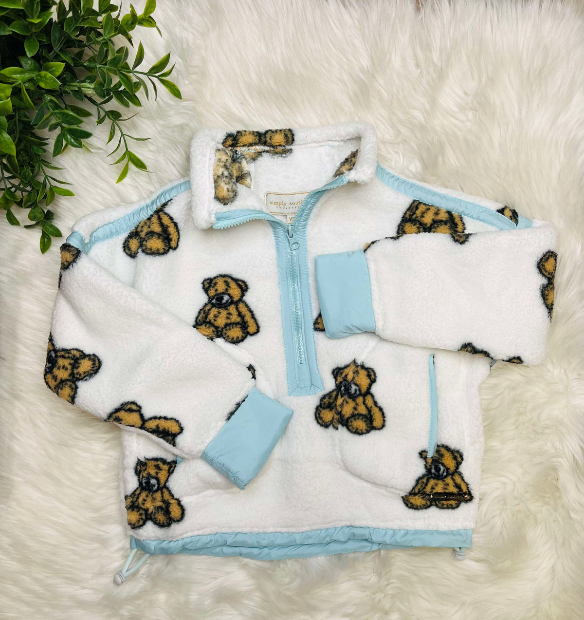Simply Southern Girls Teddy Bear Print Soft 1/2 Zip Pullover Sweater