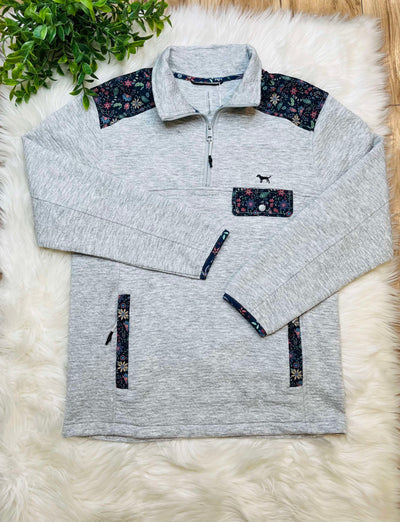Simply Southern Grey quarter zip  Pullover with Floral Accents Sweater Top