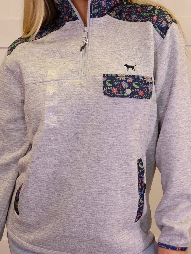 Simply Southern Grey quarter zip  Pullover with Floral Accents Sweater Top