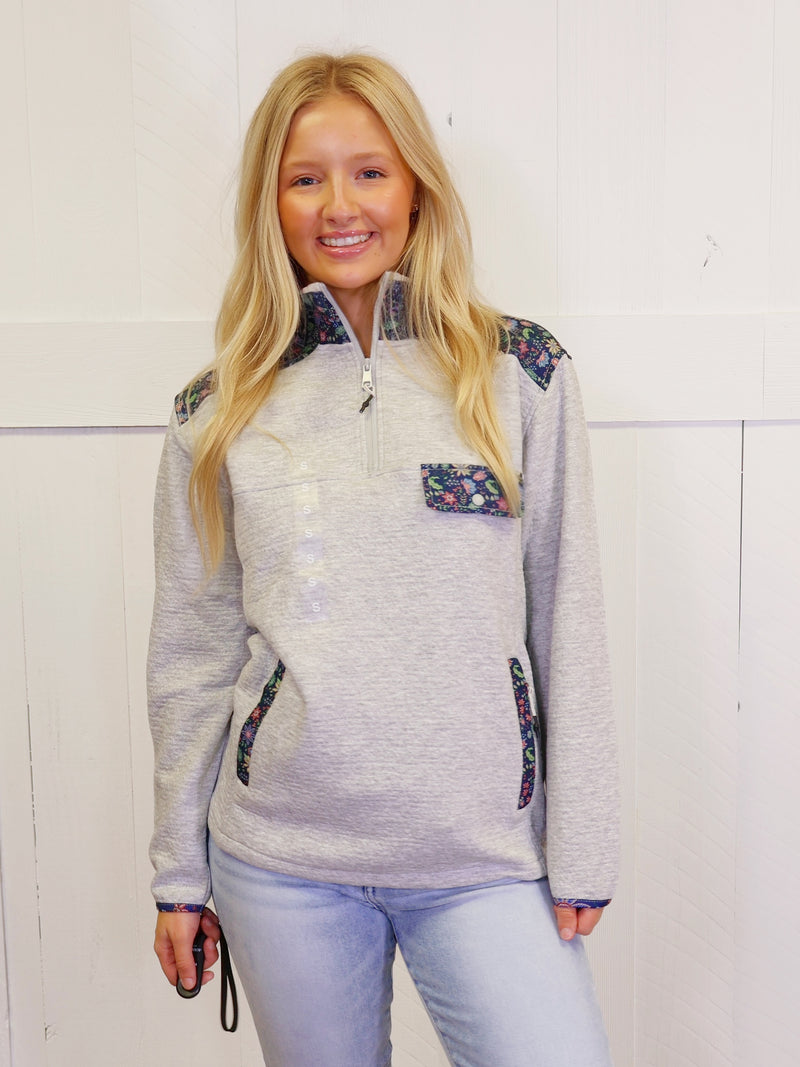 Simply Southern Grey quarter zip  Pullover with Floral Accents Sweater Top