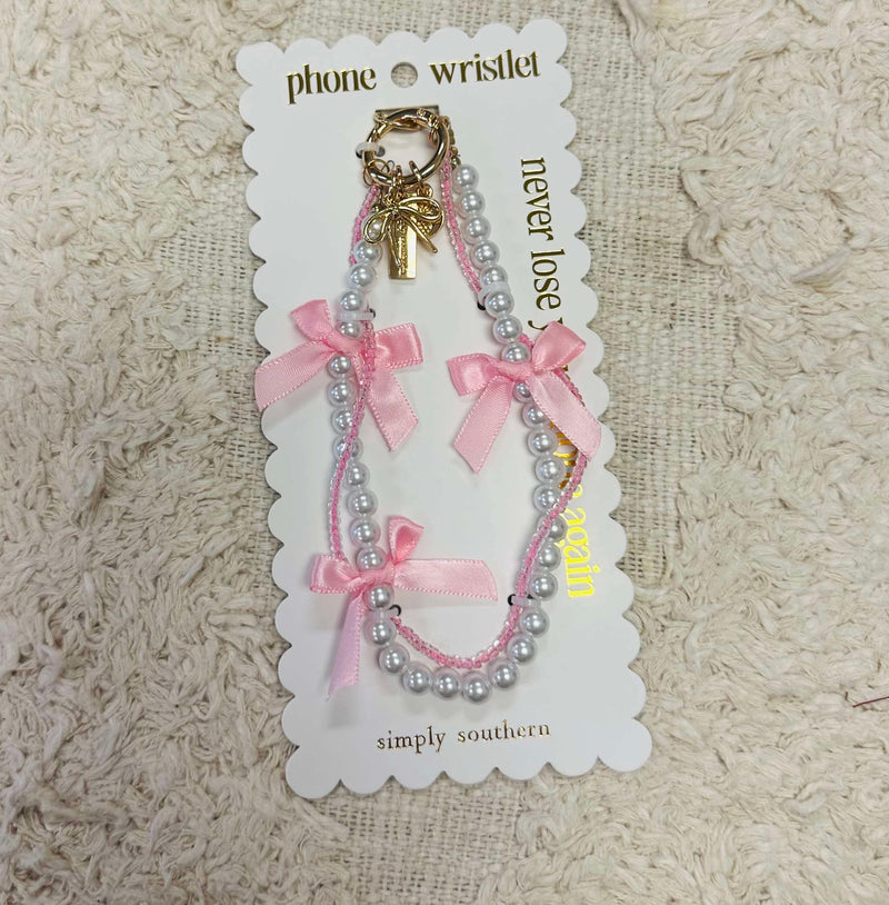 Simply Southern Pearl with Pink Bows Phone Wristlet
