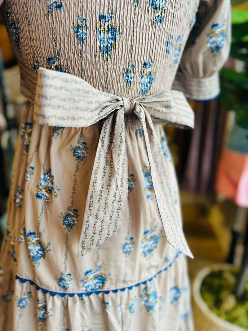 Tan with Blue Coquette Floral Maxi Dress