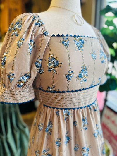 Tan with Blue Coquette Floral Maxi Dress