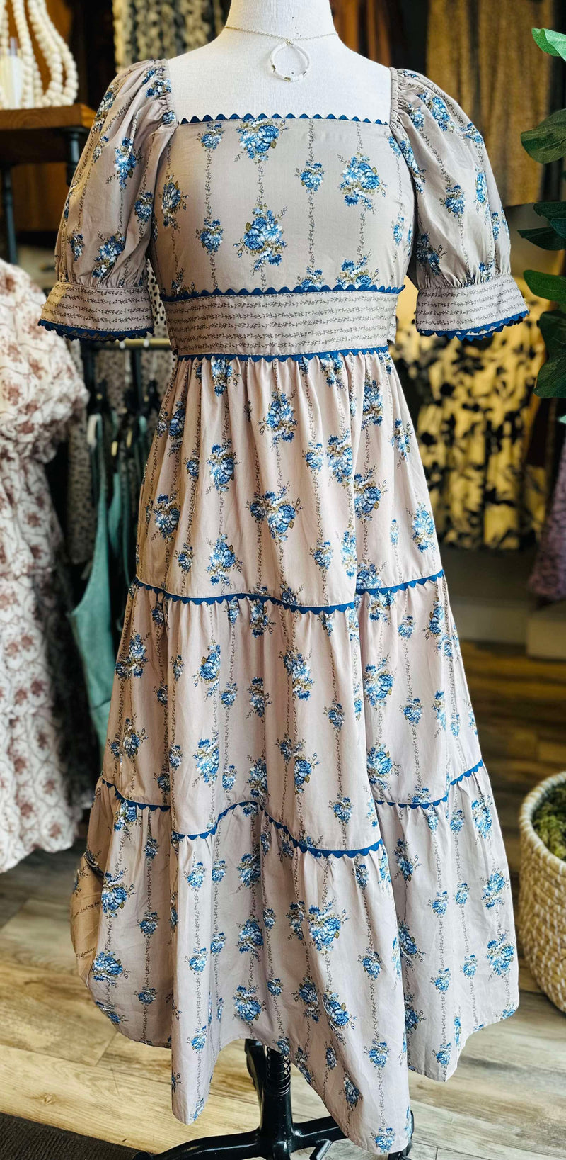 Tan with Blue Coquette Floral Maxi Dress