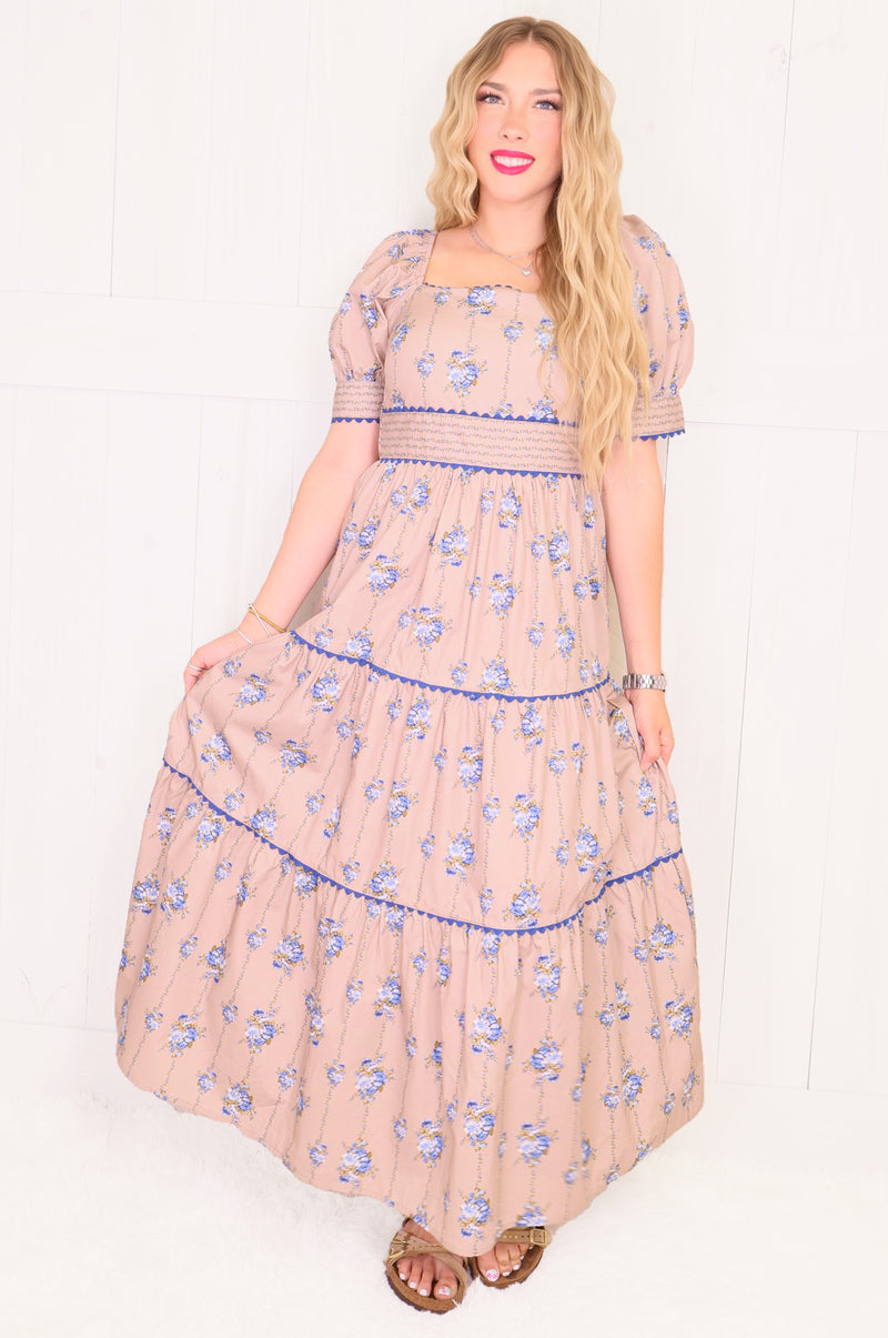 Tan with Blue Coquette Floral Maxi Dress