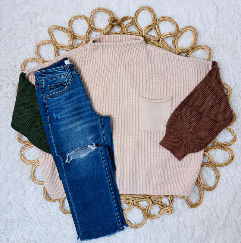 Taupe Contrast Sleeve Mock Neck Sweater Top
