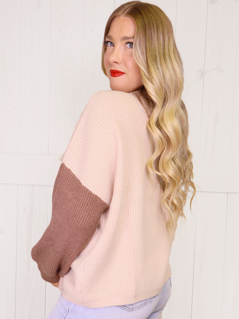 Taupe Contrast Sleeve Mock Neck Sweater Top