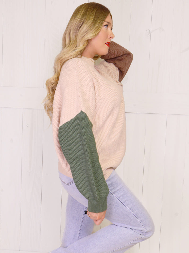 Taupe Contrast Sleeve Mock Neck Sweater Top