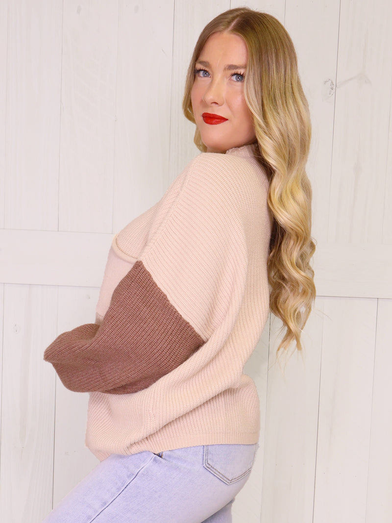 Taupe Contrast Sleeve Mock Neck Sweater Top