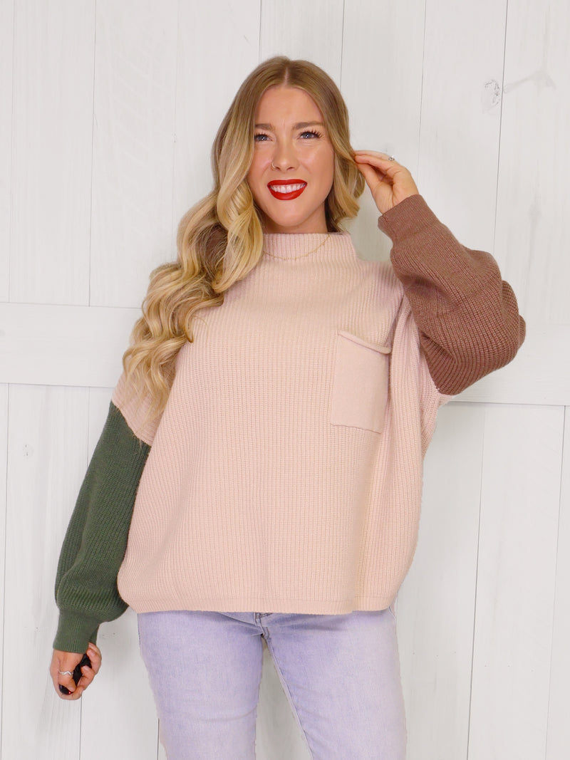 Taupe Contrast Sleeve Mock Neck Sweater Top