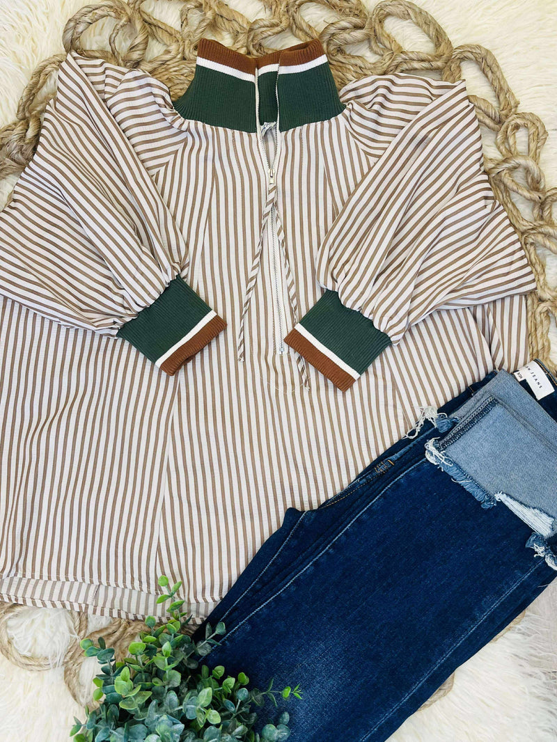 Taupe Stripe Half Zip Top