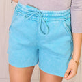 Teal Blue Acid Wash Drawstring Shorts