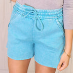 Teal Blue Acid Wash Drawstring Shorts
