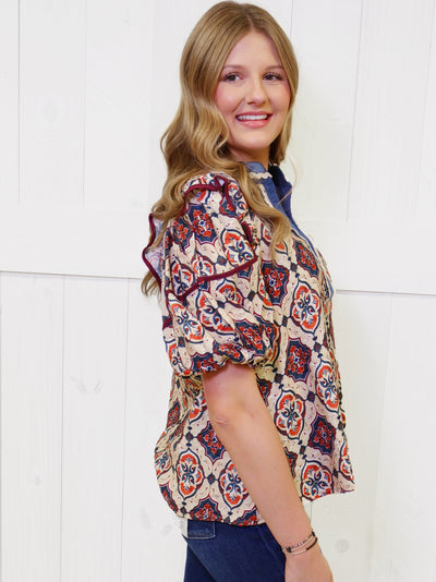 Teal Contrast V Neck Mixed Print Top