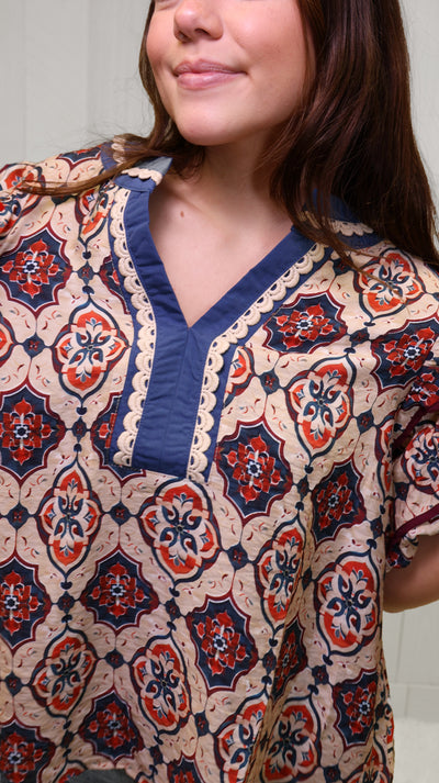 Teal Contrast V Neck Mixed Print Top