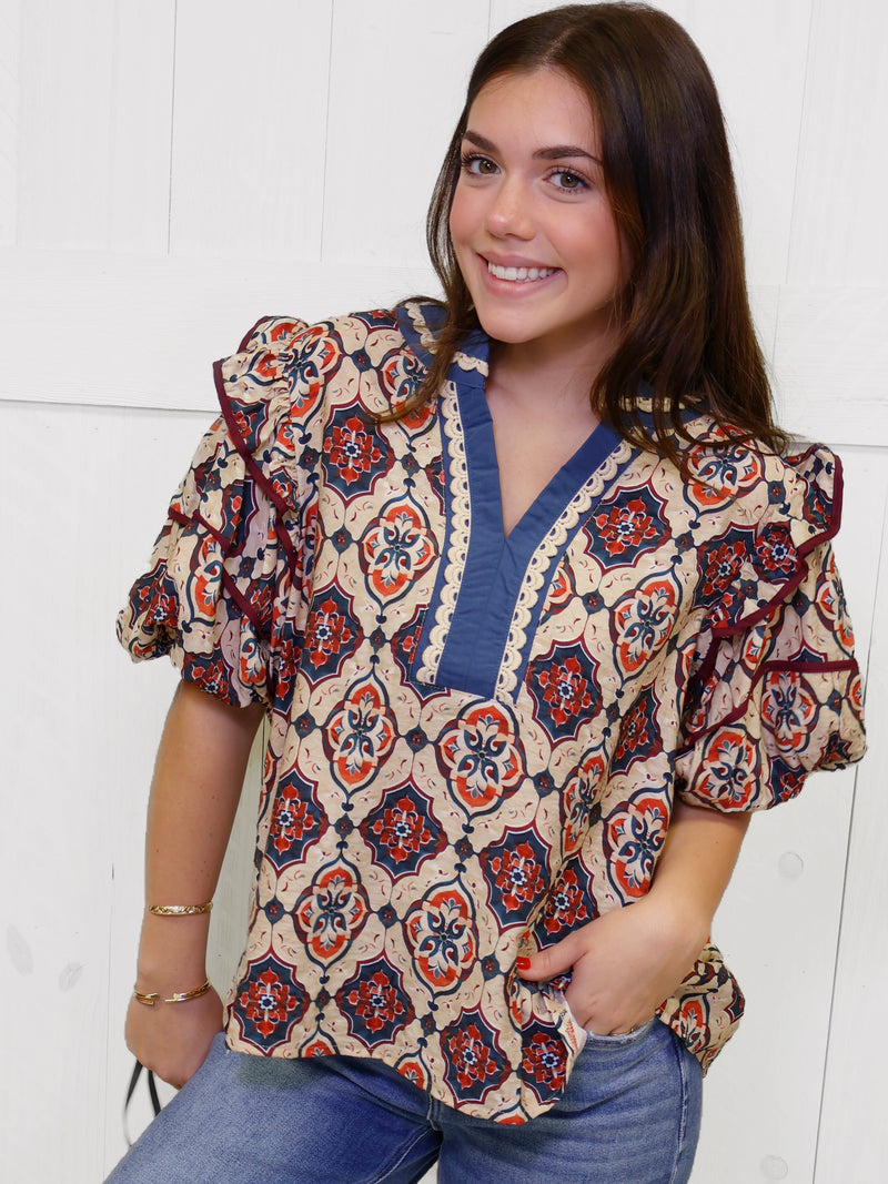 Teal Contrast V Neck Mixed Print Top