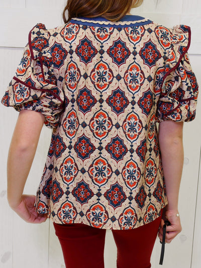 Teal Contrast V Neck Mixed Print Top