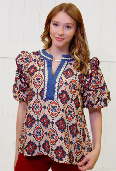 Teal Contrast V Neck Mixed Print Top