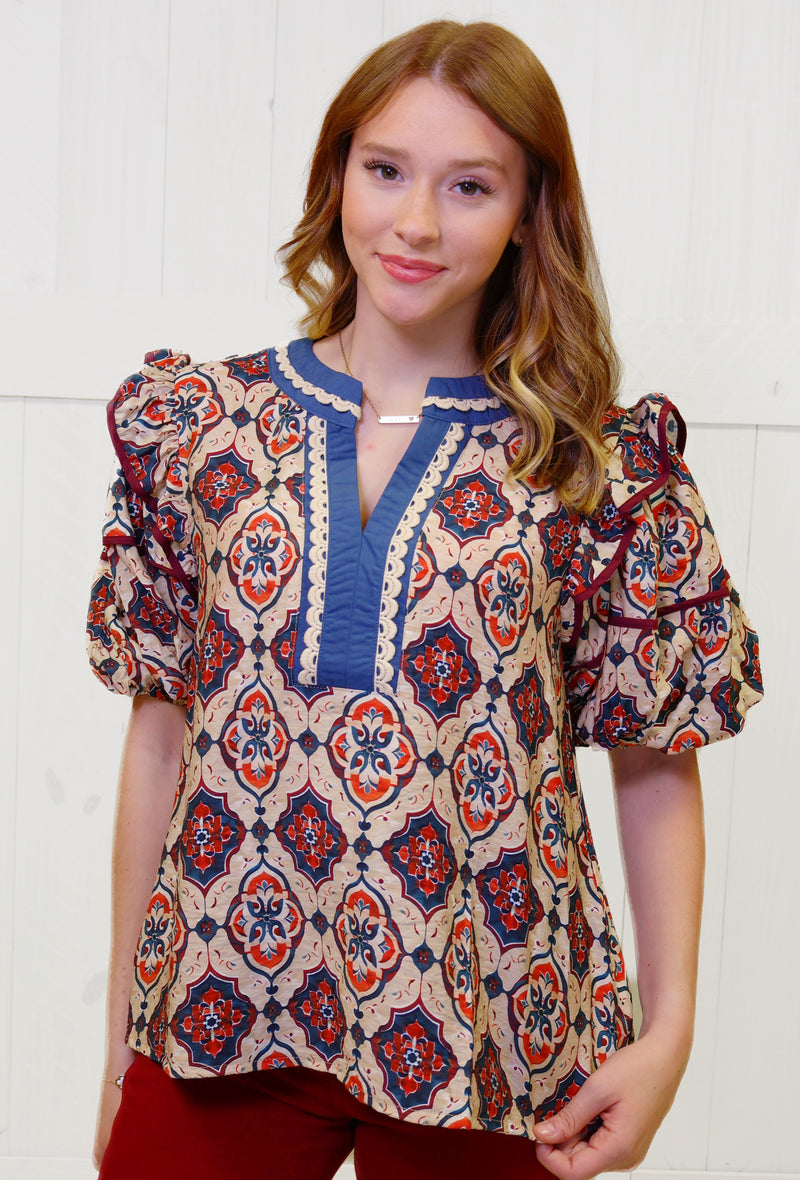 Teal Contrast V Neck Mixed Print Top