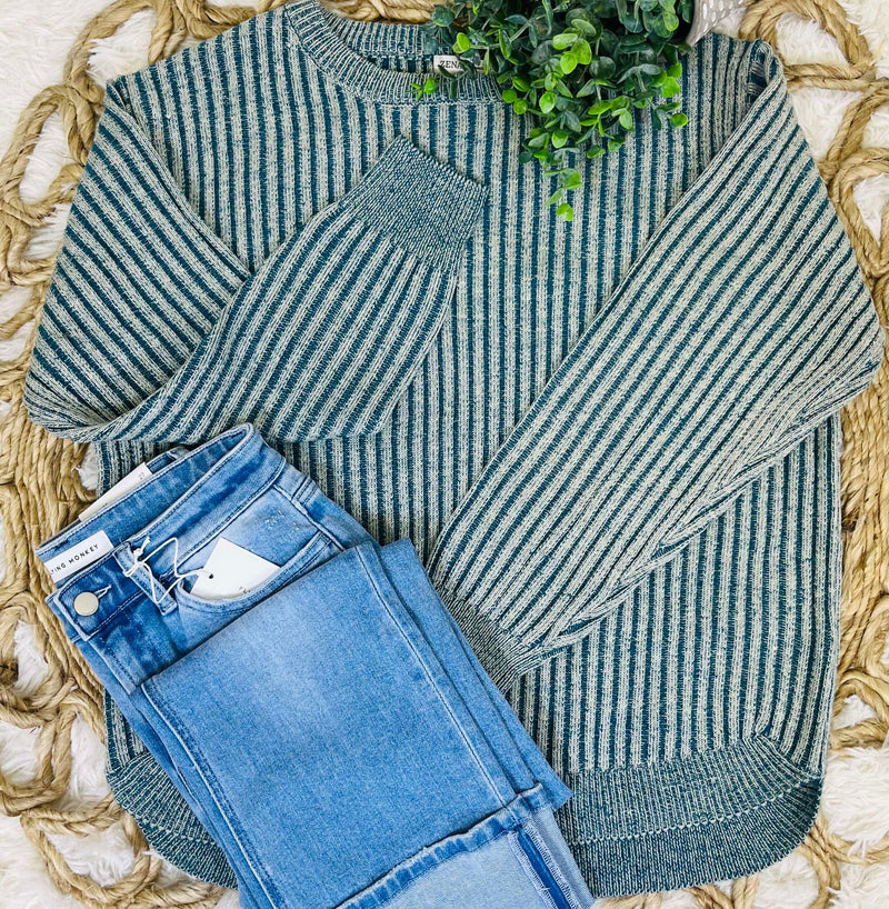 Teal Curved Hem 2 Tone Sweater Top Pullover