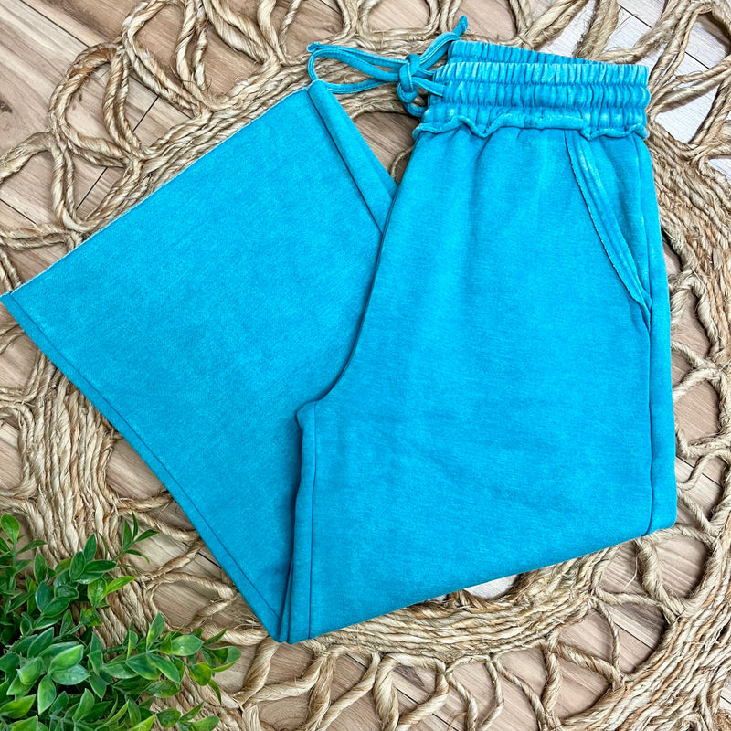 Teal Fleece Palazzo Pants with Pockets