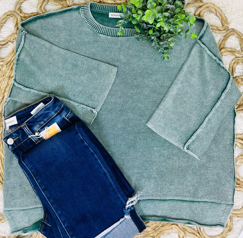 Teal Washed 3/4 Sleeve Boxy Sweater
