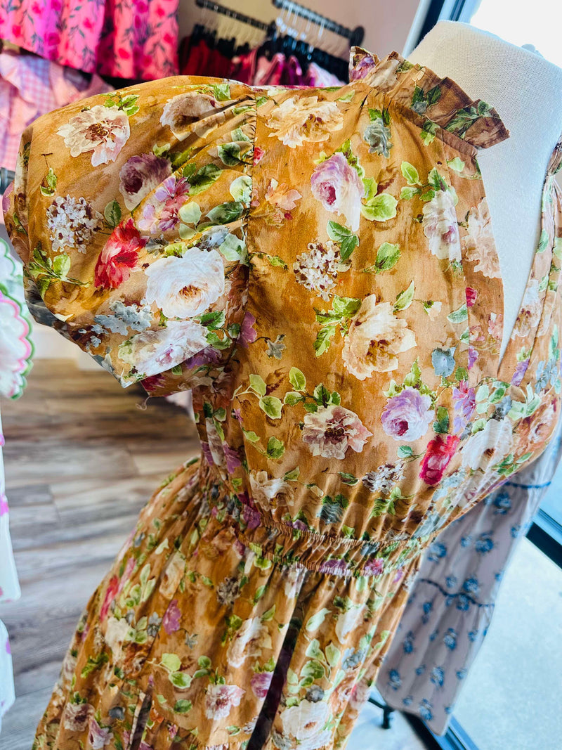 Terra Cotta Puff Sleeve Floral Maxi Dress