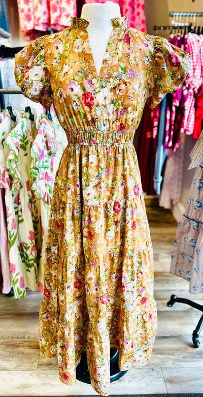 Terra Cotta Puff Sleeve Floral Maxi Dress