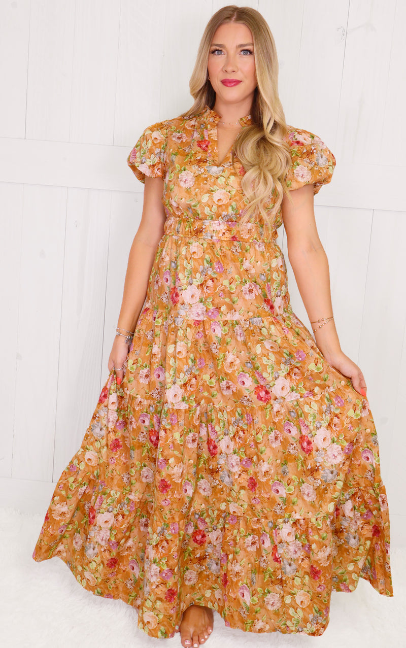 Terra Cotta Puff Sleeve Floral Maxi Dress