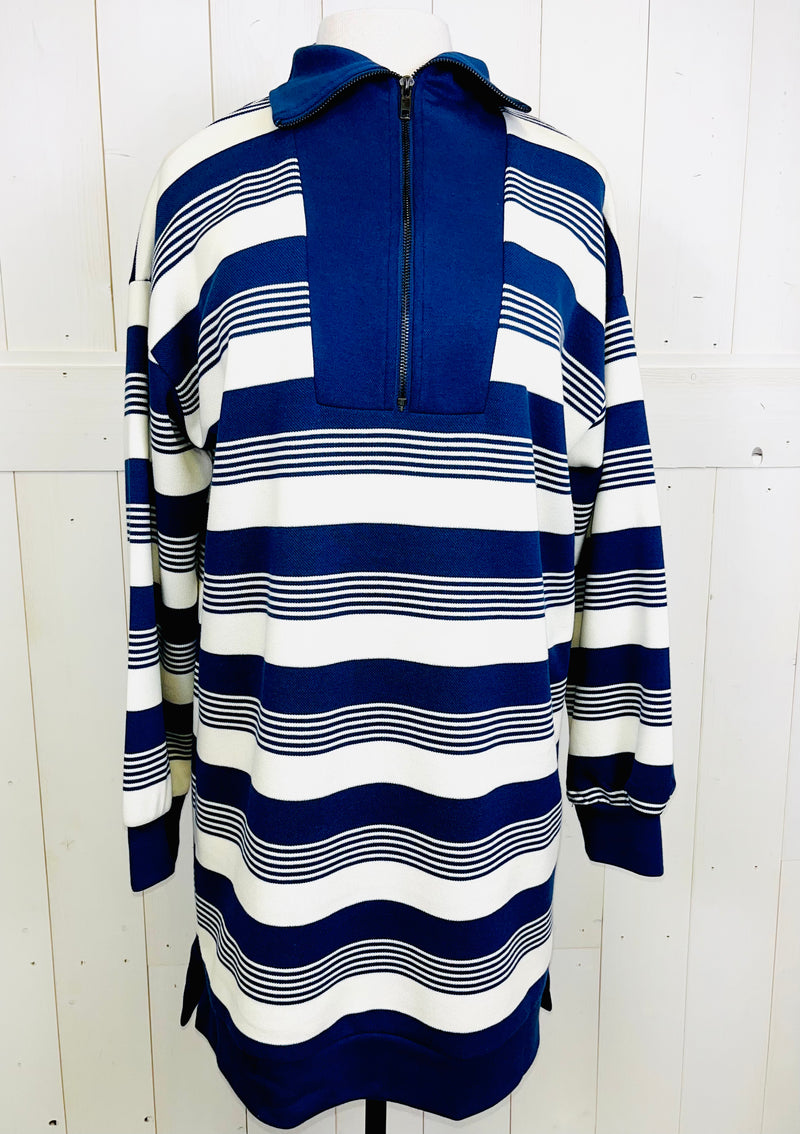 Umgee Blue and White Quarter Zip Dress